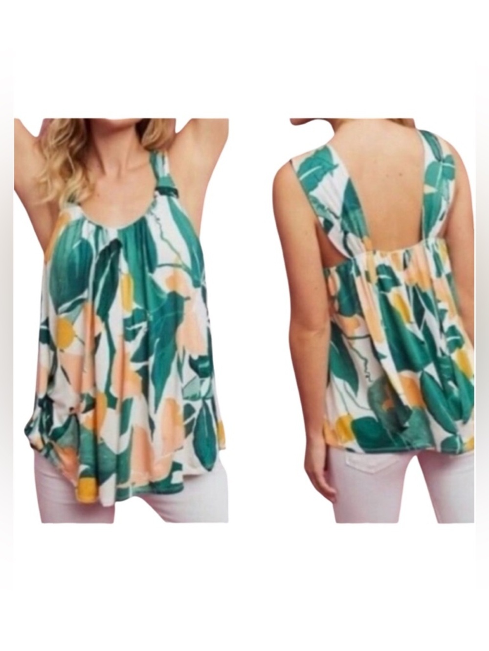Vanessa Virginia Knotted Tropical Leaf Print Tank Top - Green & Peach. Size XS.